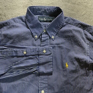 Camisa Polo Ralph Lauren Para Hombres Mediana Azul Rayas Amarillo Poni Manga Larga De Colección - Imagen 1 de 13