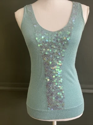 VTG Y2K Aqua Metallic Sequin Tank Top S Glitter Clubwear Fairycore Mermaid Rare - Image 1 of 4
