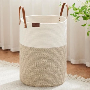 Tall Laundry Basket, Large Dirty Clothes Hamper with Leather Handle, Woven Ro... - Picture 1 of 8