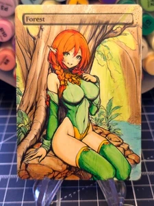 FOREST - Green - MTG *Altered Hand Colored Original Art Anime - Tree Red Head - Picture 1 of 12
