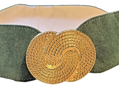 Cinturón de gamuza verde Kelly ancho vintage - Cinturón elástico de los años 80 de Nan Lewis, hebilla  Foto 1 de 4