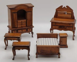 Puppenstube Vintage Handarbeit Schlafzimmer Set Möbel Bett Schminktisch Kleiderschrank - Bild 1 von 24