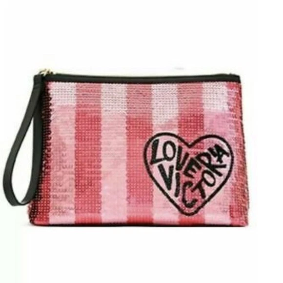 Victoria's Secret Love Victoria Sequin ZIPPER Makeup Bag Case Wristlet Clutch