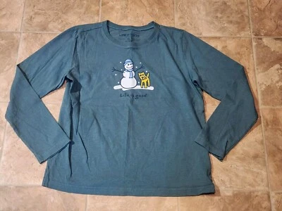 Camiseta de manga larga verde muñeco de nieve y perro Life Is Good Crusher para niños XL 12-14 Foto 1 de 3