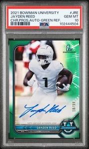 2021 Bowman University Jayden Reed Chrome RC Auto, Green Ref /99, PSA 10 POP 3 - Bild 1 von 2