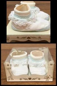 Vintage Baby Booties Shoes Infant Girl Lace White & Blue Cotten Soft 1960s NEW - Picture 1 of 9