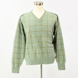 90s Vintage Mens L Green Plaid Wool V Neck Sweater Orvis - Picture 1 of 6