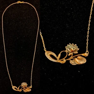 Vintage 1930er Blume Rebe Lilly Pad Messing Anhänger Halskette echt - Bild 1 von 5