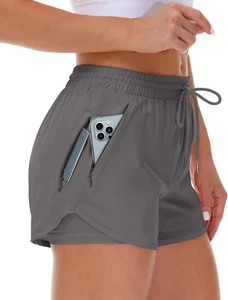 Women'S Running Shorts with Liner 3 Zipper Pockets Elastic Workout Athletic Gym - Picture 1 of 12