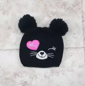 Tiermotiv Hase Katze Doppel Bommel Mädchen Strick Beanie Mütze bestickt Rodel - Bild 1 von 7