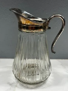 Vintage Italy Silver Plate Ribbed Crystal Glass Water Ice Pitcher Lipped Barware - Picture 1 of 7