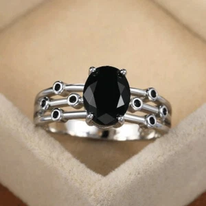 Anillo de compromiso solitario de diamantes negros de corte ovalado de 2 quilates de oro blanco de 14 quilates talla grande L-T - Imagen 1 de 7