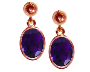 9ct Rose Gold Natural Amethyst Oval Single Drop Dangling Studs Earrings British - Picture 1 of 4