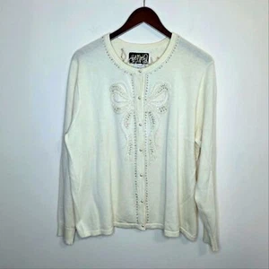 Bob Mackie Wearable Art Cream Beaded Bow Button Up Sweater Cardigan Size XL - Picture 1 of 8