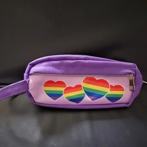 Vintage Makeup Bag Purse Wallet Purple w/ Hearts Pride Rainbows Pencil Make up - Picture 1 of 12
