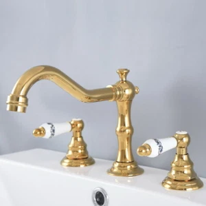 Poliertes Gold Badezimmer Waschbecken Wasserhahn weit verbreitet 3 Loch 2 Griff Mixer Wasserhahn 8nf985 - Bild 1 von 7