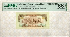 [5224001] Vietnam 10 xu 1966 Specimen PMG 66 EPQ UNC Banknotes Notestamps - Picture 1 of 4