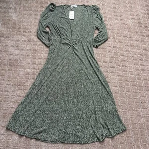 Mango Ruched Sleeve Spotted Midi Dress Women's 10 Green Semi Sheer NWT - Picture 1 of 10