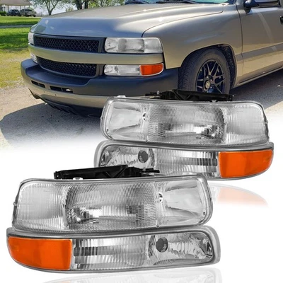 Headlights Assembly LH+RH For 99-02 Chevy Silverado 00-06 Suburban/Tahoe Black Foto 1 de 4