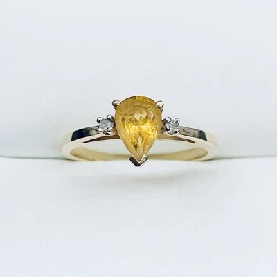 10k Yellow Gold Pear Cut Citrine & Diamond Drop Teardrop Solitaire Ring Size 7 - Image 1 of 4