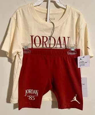 全新带标签 Jordan 2 件套图形 T 恤和打底裤短裤套装 ~ 红色和黄色 ~ 尺寸 6X — 第 1/4 张图片