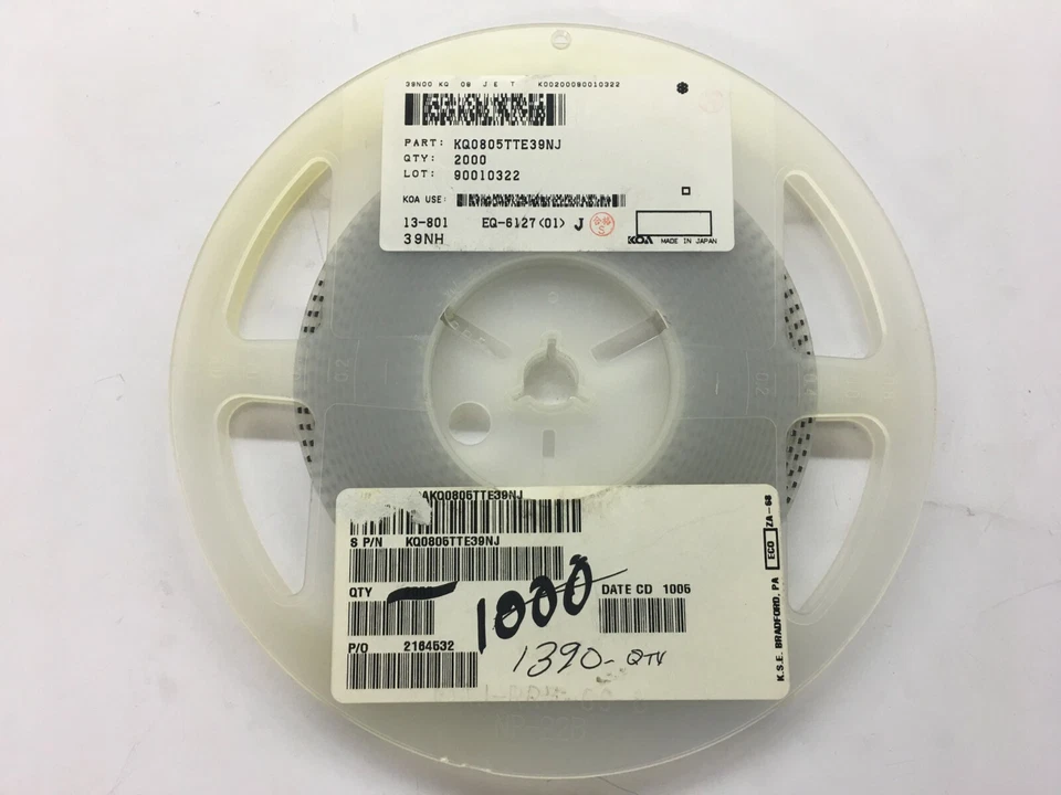 (1,390 PIECE REEL) KQ0805TTE39NJ, KOA, Fixed Inductors 39 nH 5% - Image 1 of 1