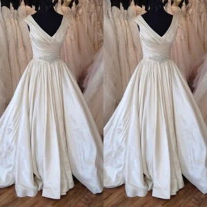 Elegant Wedding Dresses V Neck Sleeveless Beaded Satin Sweep Train Bridal Gown - Picture 1 of 10