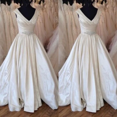 Elegant Wedding Dresses V Neck Sleeveless Beaded Satin Sweep Train Bridal Gown - Image 1 of 4