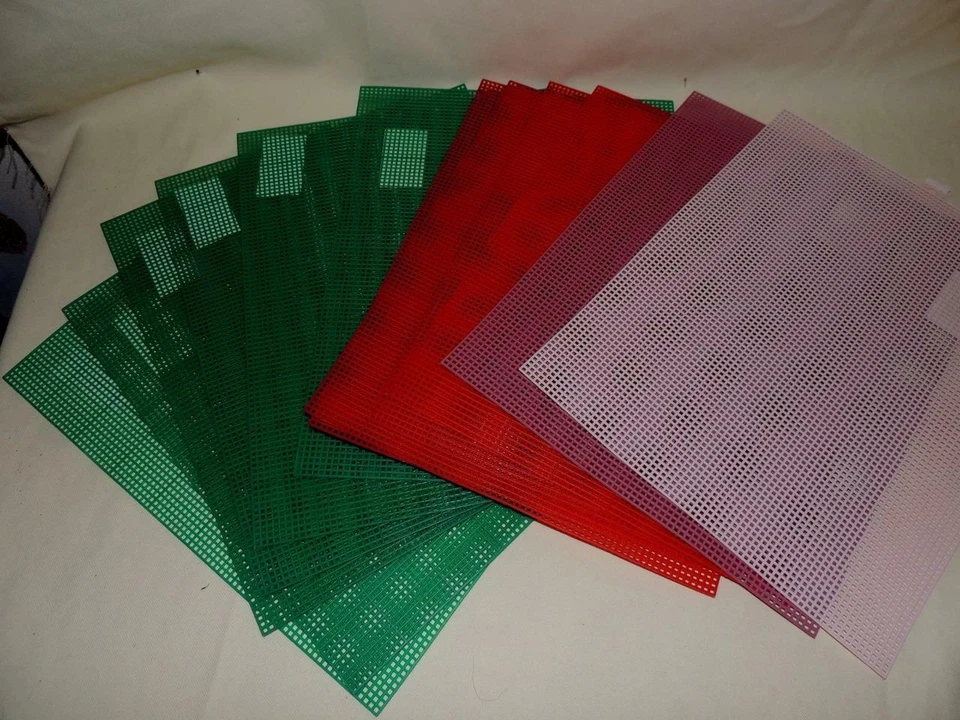 LOT OF 12 -  RED, GREEN, MAUVE & PINK  Plastic Canvas Sheets - 10 1/2" x 13 1/2" - Image 1 of 1