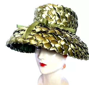 Sombrero de ala grande de paja verde vintage de los años 50 IMAGNIN Co. prohibición de 3 cintas con arco - Imagen 1 de 11