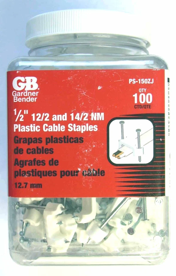 Gardner Bender PS-150ZJ Plastic Cable Staples 1/2" w Jar for 12/2 & 14/2 100 pk