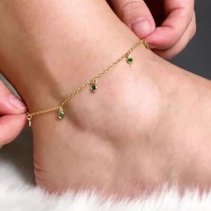 Anklet 1.20Ct Created Green Emerald Charm Women's Gift 14K Yellow Gold Finish 9" - Picture 1 of 2