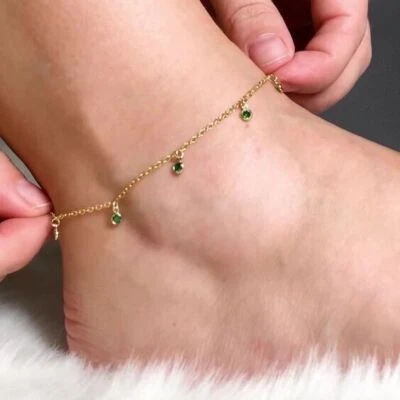 Anklet 1.20Ct Created Green Emerald Charm Women's Gift 14K Yellow Gold Finish 9" - Image 1 of 2