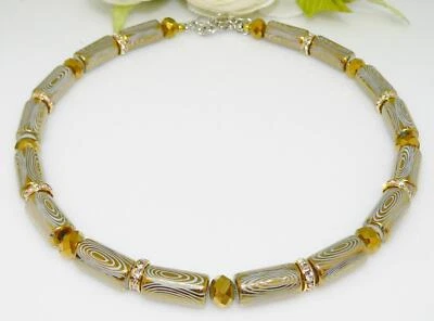 Halskette Collier Walzen Glas Perlen facettiert Strass gold weiß silber 395e - Bild 1 von 4