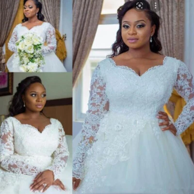 Plus Size Long Sleeves Wedding Dresses V Neck Lace Appliques Africa Bridal Dress - Image 1 of 4