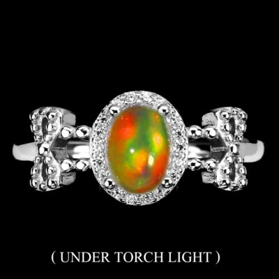 925 Anello Argento Sterling Ovale Opale di Fuoco 7x5mm Finto Zirconia Gemma - Immagine 1 di 4