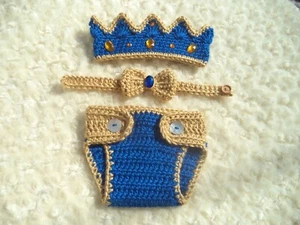 Crochet Baby Crown , Crochet Baby King Set, Crochet Prince Crown, Blue, Gold - Picture 1 of 16