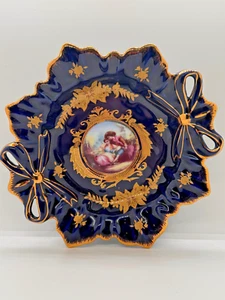 Vintage Blue Gold Trum Leaf Design Candy Bowl with Handle Tray Lemoge Design 8" - Picture 1 of 5