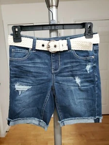 Girls SIZE12 Cuffed Bermuda Denim Shorts Adjustable Waist MUDD New Without Tags - Picture 1 of 4