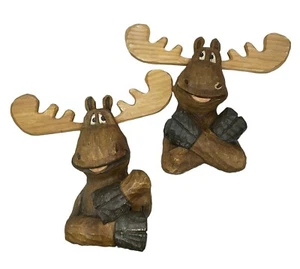 VTG Lot of 2 Hand Carved Wooden Moose Hanging Folk Art Wall Decor Cabin 10x10.5 - Picture 1 of 9