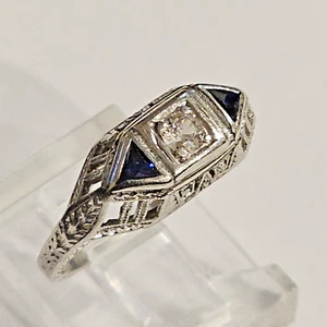 18kt White Gold Diamond Sapphire Filigree Cocktail Ring sz 5.25 - Picture 1 of 13