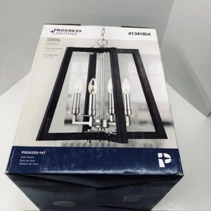 Progress Lighting Pendant Light Forrester Teak Wood Satin Nickel Lantern - NIOB - Picture 1 of 14