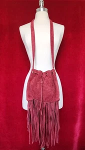 Maje Burgundy Suede Bucket Shoulder Bag W/ Fringe - Picture 1 of 9
