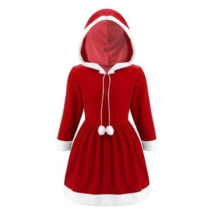 Kids Girls Long Sleeve Hooded Dress Christmas Theme Party Costume Santa Dresses - Picture 1 of 18