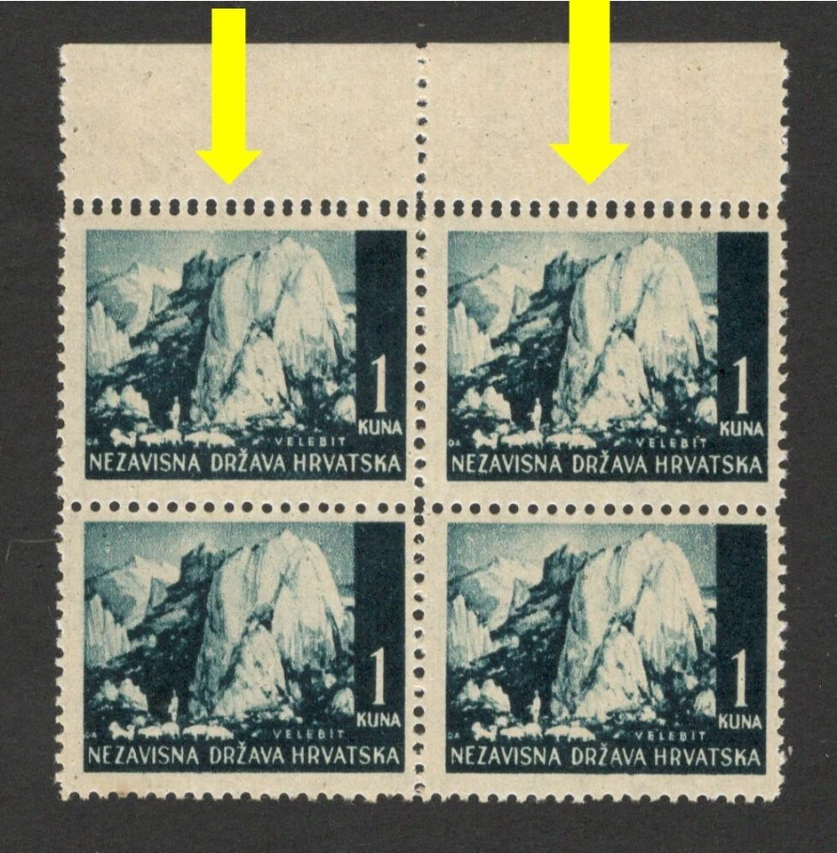 NDH CROATIA - MNH BLOCK OF 4, 1k -CERTIFICATE- ERROR - DOUBLE PERFORATION - 1941 - Image 1 of 4