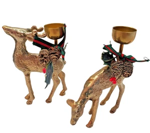 VTG Solid Brass Deer Reindeer Christmas Holiday Candlesticks Set of 2 NEW in Box - Picture 1 of 24