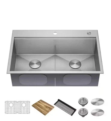 KRAUS LOFTEN 33 pulgadas FREGADERO DE ESTACIÓN DE TRABAJO DE COCINA DE DOBLE TAZÓN DROP IN / UNDERMOUNT Foto 1 de 4