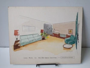Mid Century Modern 3 Original Interior Design Aquarelle auf Künstlerkarton - Bild 1 von 6