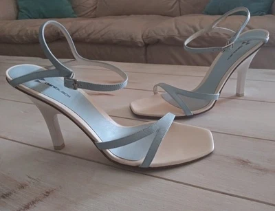 NUEVAS Sandalias Daniblack Cuero Genuino con Tirantes Azul/Blanco 4" Tacón 8.5M Foto 1 de 4