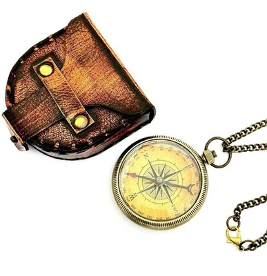 Vintage Brass Compass with Chain & Leather Case - Nautical Maritime Gift - Image 1 of 3